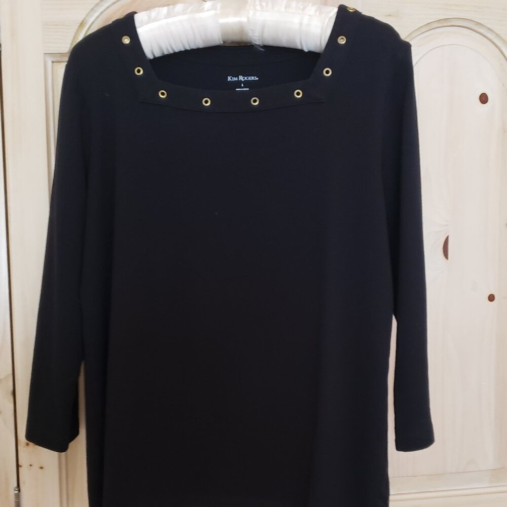 Kim Rogers Embellished Square Neck Knit Top Large 3/4 Sleeve Black Knit - Picture 7 of 7